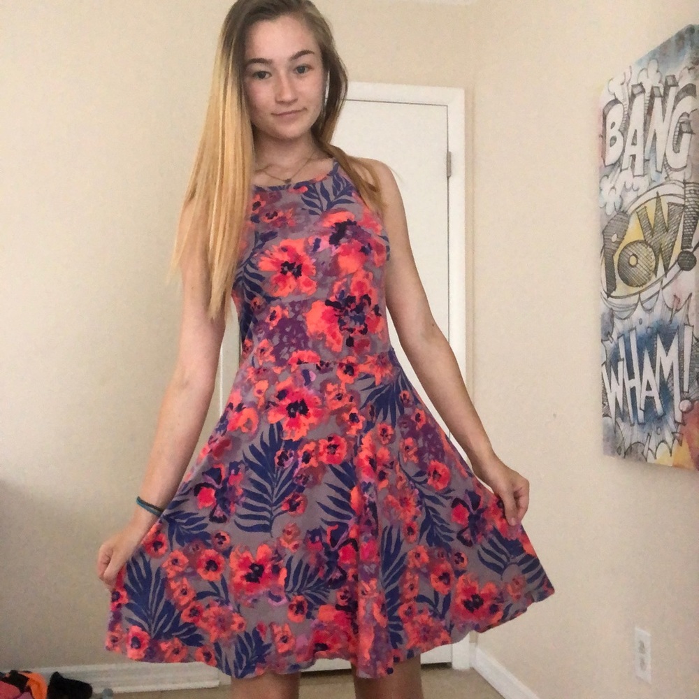 Pink orange purple blue floral skater dress